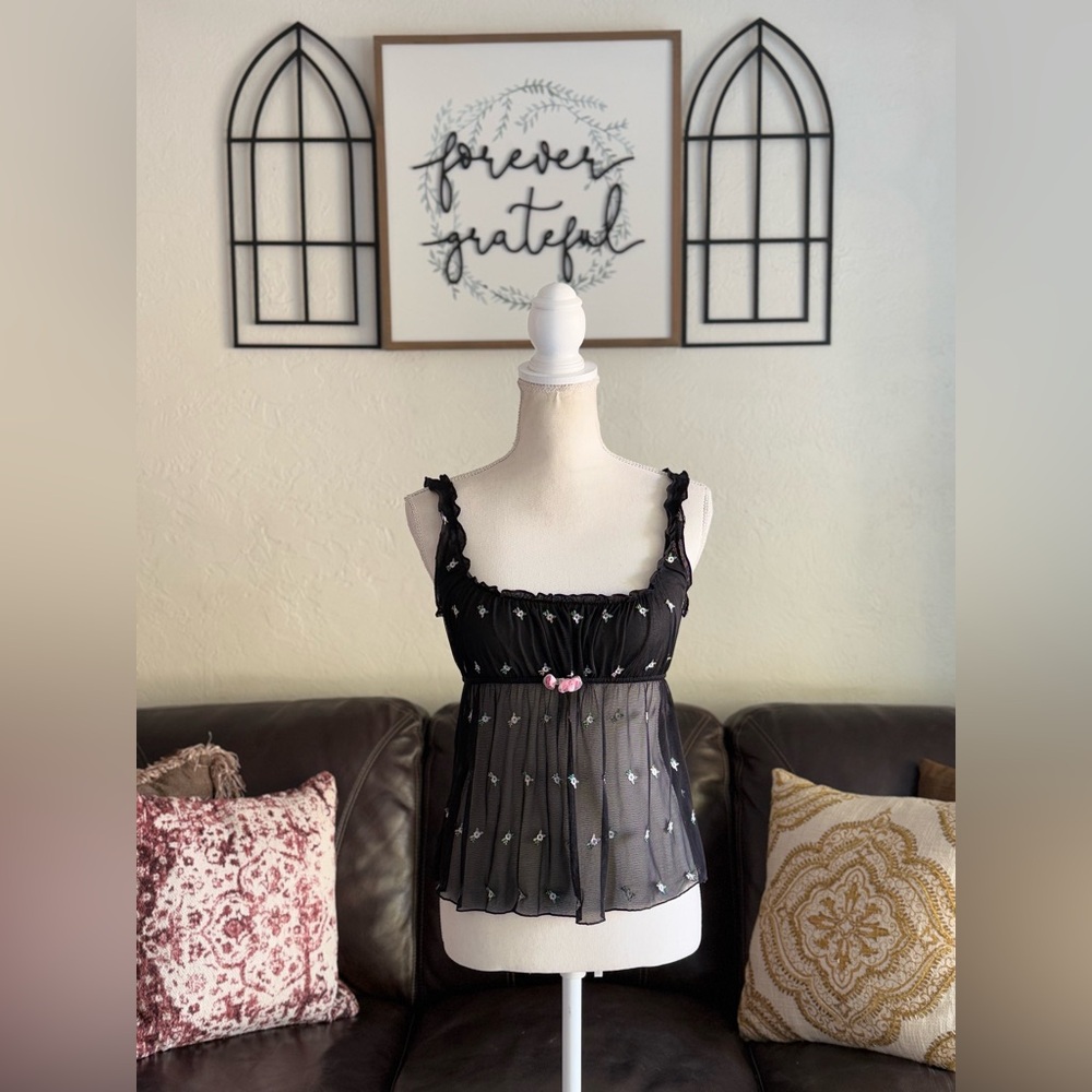 Y2k Victoria's Secret‎ Mesh Floral Embroidered Corset Milk Maid Tank Top Size L - Picture 4 of 15